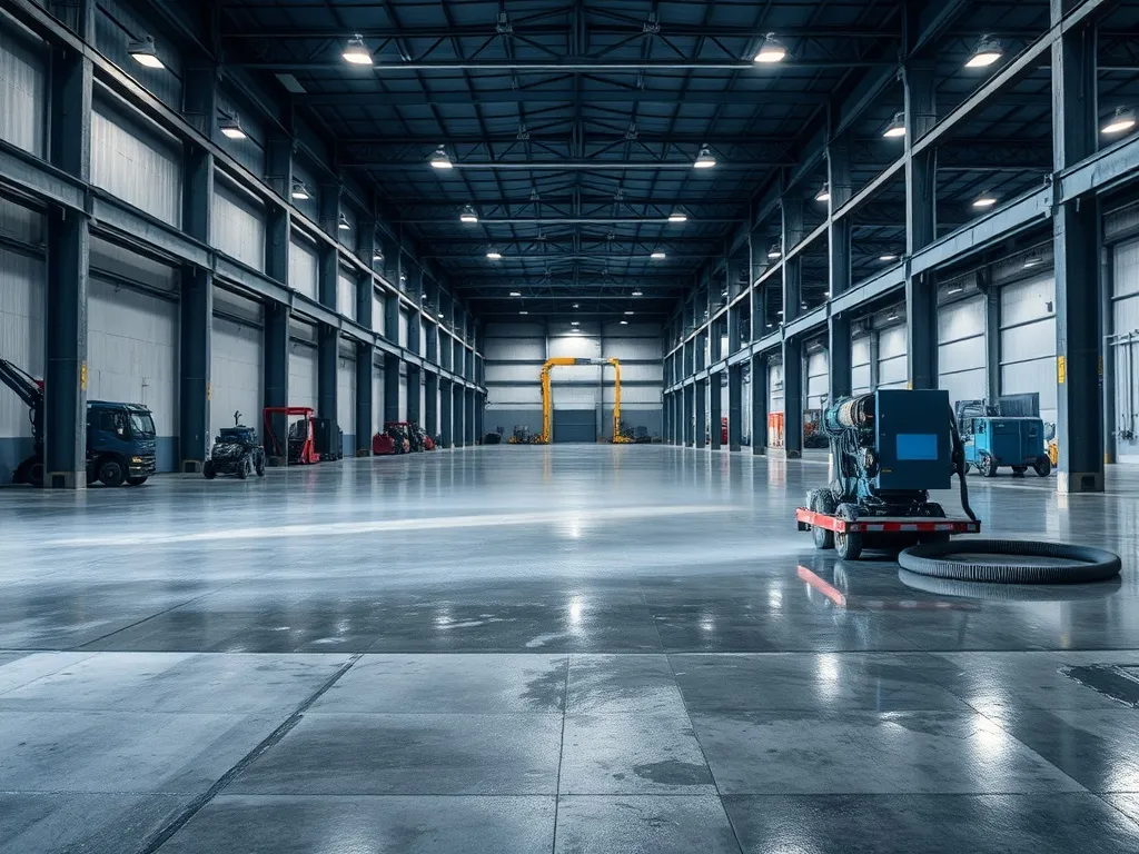 Industrial high pressure water jet cleaning a concrete floor